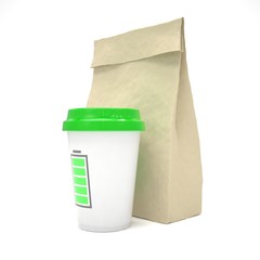 Coffee to go and lunch bag, on white.