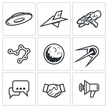 Aliens, search, Contact icons. Vector Illustration.