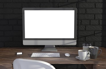 Fototapeta premium 3D illustration PC screen on table in office, Workspace