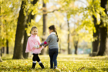 Two little girls at the autumn park