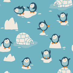 Seamless pattern with little cute penguins