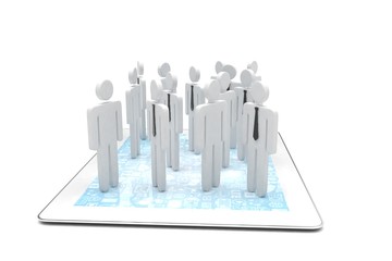 group of people figures on tablet PC, 3d render