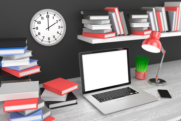 3D illustration laptopand work stuff on table wall, Workspace