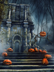 Gotyckie ruiny ze schodami i dyniami na Halloween © Obsidian Fantasy