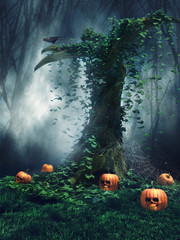 Drzewo z dyniami wyrzeźbionymi na Halloween © Obsidian Fantasy