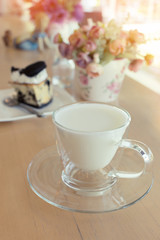 hot drink milk with cake in the morning