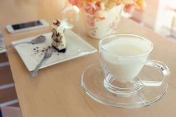 hot drink milk with cake in the morning
