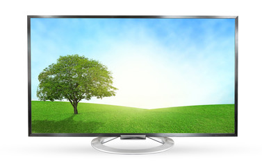 Television monitor landscape view isolated on white background.