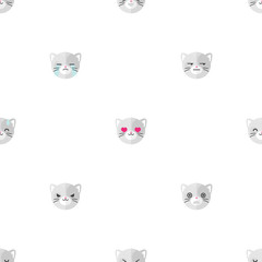 Vector flat cartoon cat heads with different emotions seamless