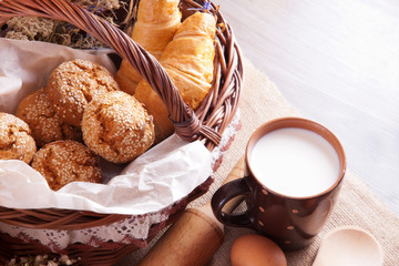 Still life with fresh pastries and a cup of milk