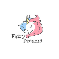 Vector cute logo. Cartoon sleeping unicorn logotype. Bed-clothes