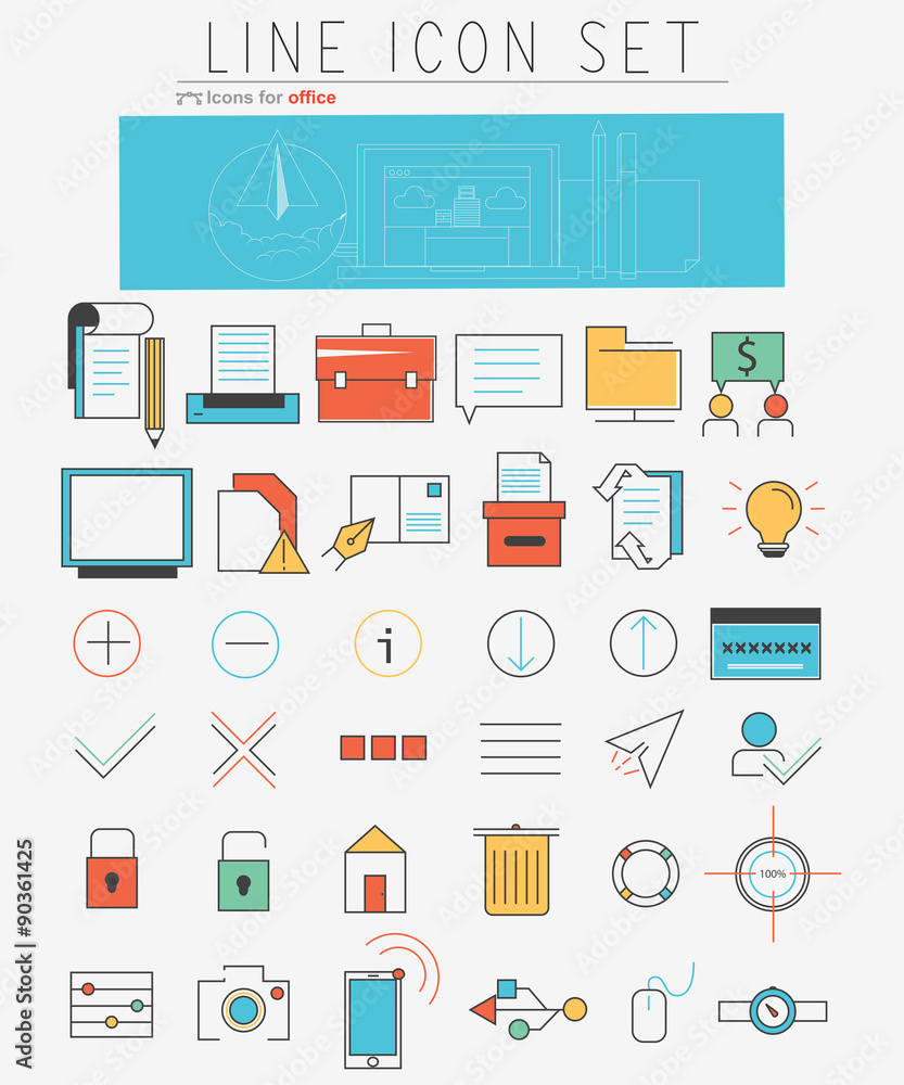 Poster vector line icons set. web design elements and business items in