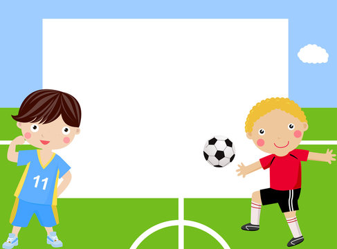 Children playing football and frame