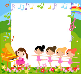Obraz na płótnie Canvas A girl playing piano and four girls dancing