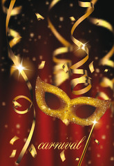 Carnival background with mask, confetti and ribbons