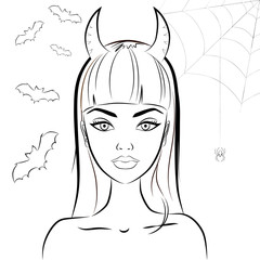 Halloween devil girl with horns. Outline vector