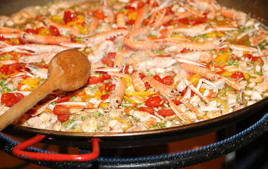 Spanish paella with prawns and rice