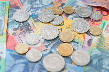 Australian currency, coins, bank notes background