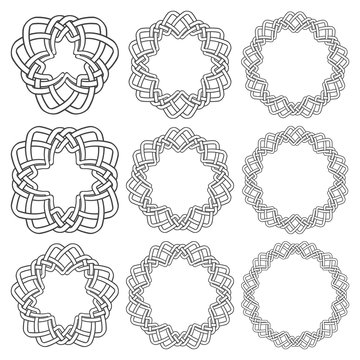 Set of magic knotting rings. Nine circular decorative elements with stripes braiding for your design.