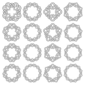 Set of celtic knotting rings. Sixteen circular decorative elements with stripes braiding for your design.