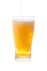 Isolated single glass of beer with bubbles