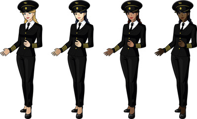 Set of 4 female airplane pilots in suits women of color © zhaconda