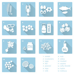 Fototapeta na wymiar set of typical food alergens for restaurants and meal flat blue icons eps10