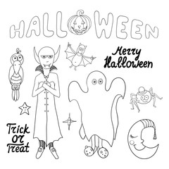 Set of cartoon halloween characters and words isolated on white