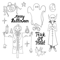 Set of cartoon halloween characters and words isolated on white