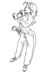 fitness girl training with dumbbells,llustration,ink,black and white,logo,outline,isolated on a white