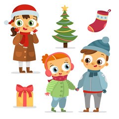 Set of children characters and christmas symbols, isolated on white
