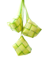 Muslim Ketupat (Rice Dumpling) with Clipping Path. Eid Mubarak - Blessed Feast .Ketupats, a natural rice casing made from young coconut leaves for cooking rice on white background.
