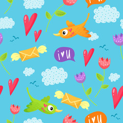 Romantic seamless pattern with birds, hearts, flowers, clouds, speech bubbles