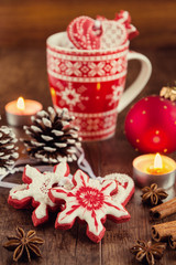 Star shaped gingerbread cookies with christmas decoration