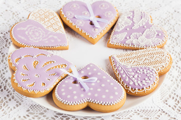 Purple heart shape gingerbread cookies