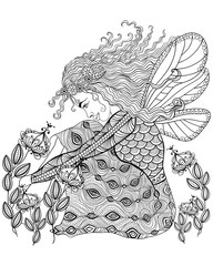 Forest fairy with wings in flower for adult anti stress Coloring - 90374649