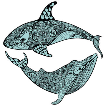 Zentangle stylized Blue Sea Shark and Whale. Hand Drawn vector i