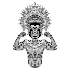 Fototapeta na wymiar Zentangle stylized strong Monkey like Bodybuilder with war bonne