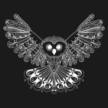 Zentangle stylized White Owl. Hand Drawn vector illustration iso