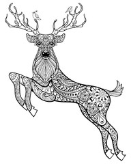 Hand drawn magic horned deer with birds for adult anti stress Co - 90375404