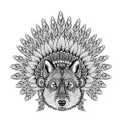 Hand Drawn Zentangle Wolf in Feathered War bonnet, high datailed