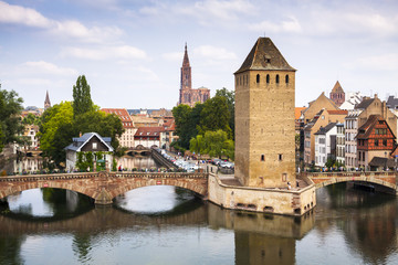 Old Strasbourg, medieval bridge Ponts Couverts. Alsace, France. - obrazy, fototapety, plakaty