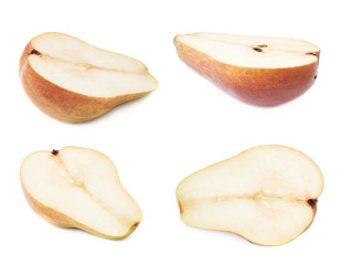 Red pear cut in half isolated