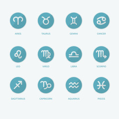 Set of vector zodiac signs and circle icons with captions