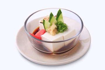 Hiyayakko, Japanese food mad by chilled tofu and toppings in glass bowl isolated on white background