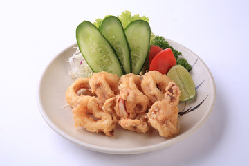 Ika Ring, deep fried sliced squid in japanese dish isolated on white background