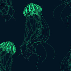 Zentangle stylized Jellyfish seamless pattern. Hand Drawn vector