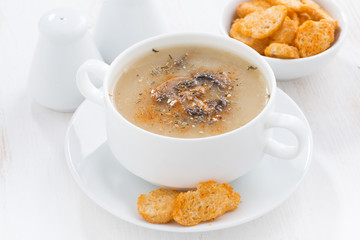 mushroom cream soup with croutons on white table