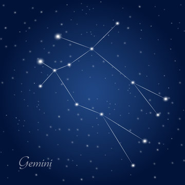Gemini constellation zodiac sign at starry night sky 