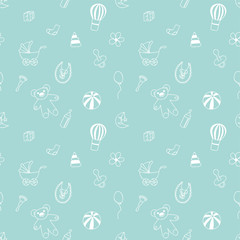 Seamless pattern with elements of children's toys. Baby carriage